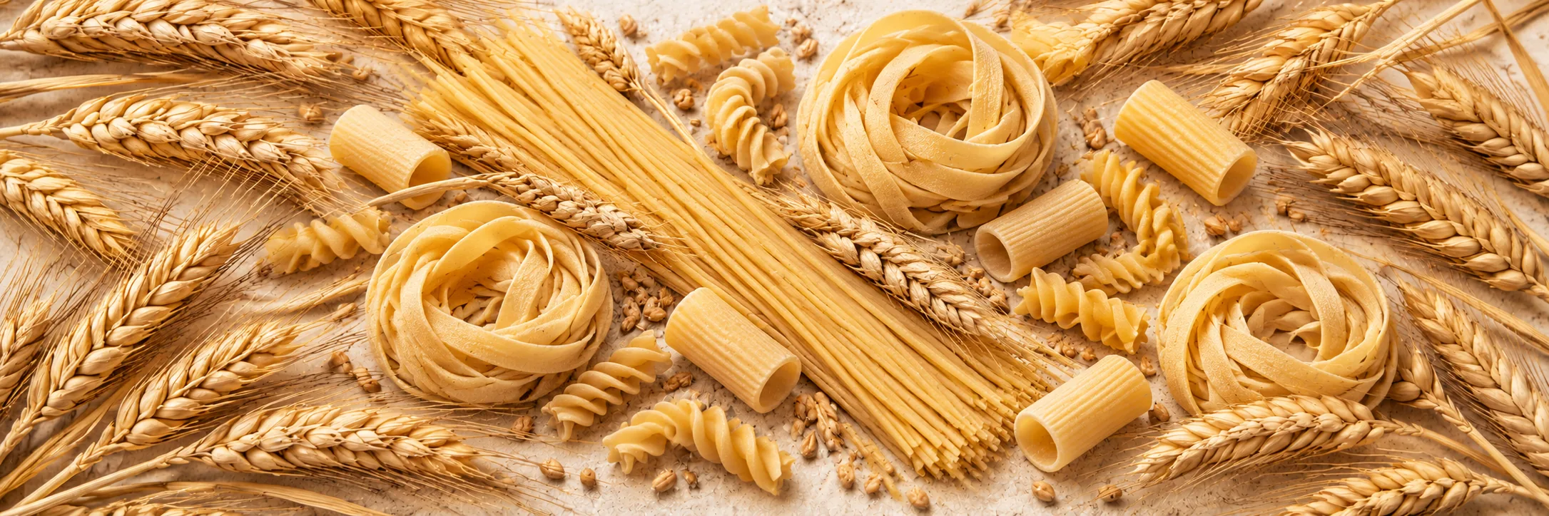 Formati di pasta e spighe di grano duro su un piano chiaro
