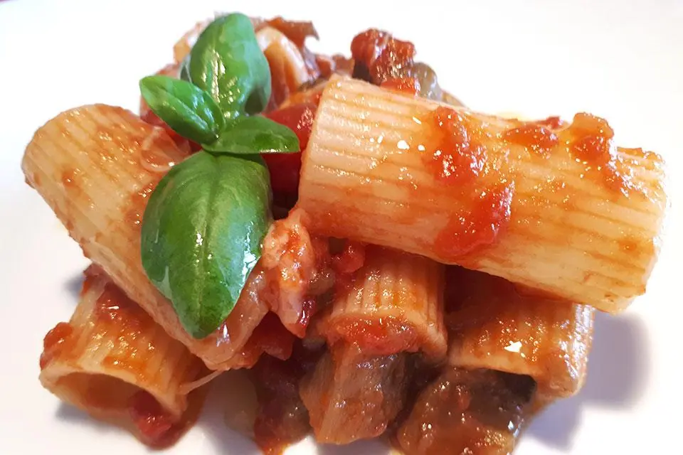 Da Casa Latini i rigatoni con le melanzane dell'orto e il caciocavallo del Cilento