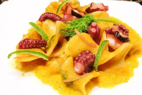 Pasticceria Freni Milano, Trucioli con crema di zucca all'aneto, polpo e zenzero